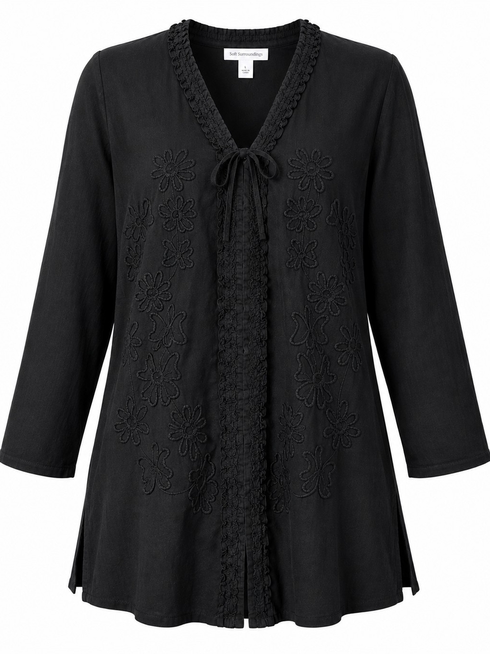 SOFT SURROUNDINGS | Black 100% Cotton Embroidered Ruffle Boho Tunic Top | L